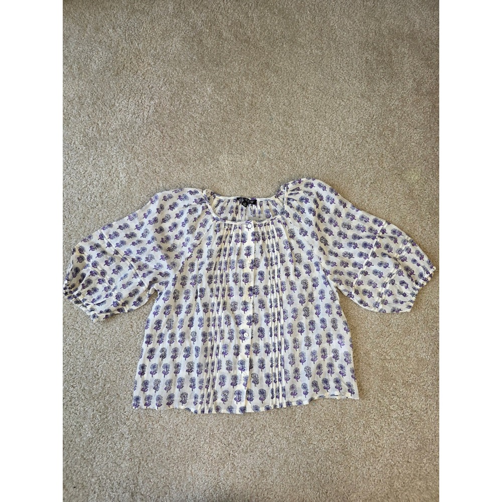J.Crew XS Purple Floral Block Print Sequin Pintuck Puff Sleeve Blouse New